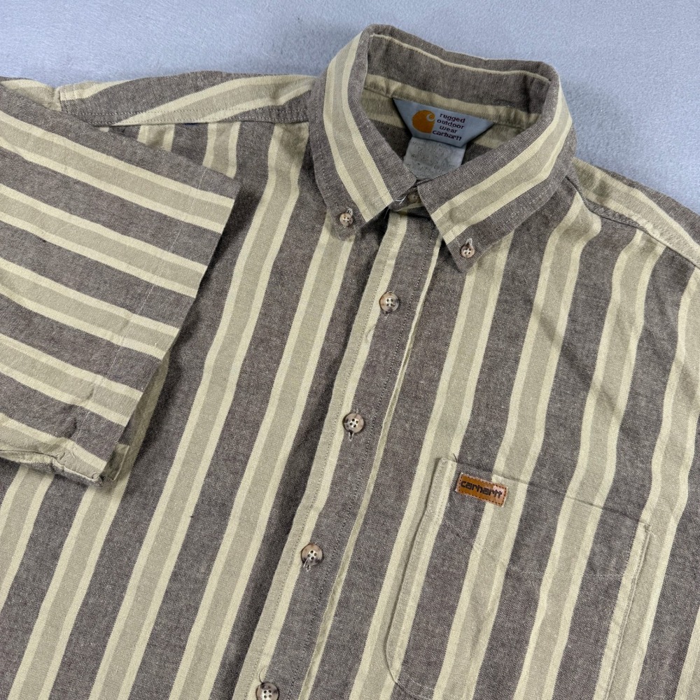 Vtg Carhartt Shirt Mens Large Tan Striped Button Up Outdoors Workwear Casual USA